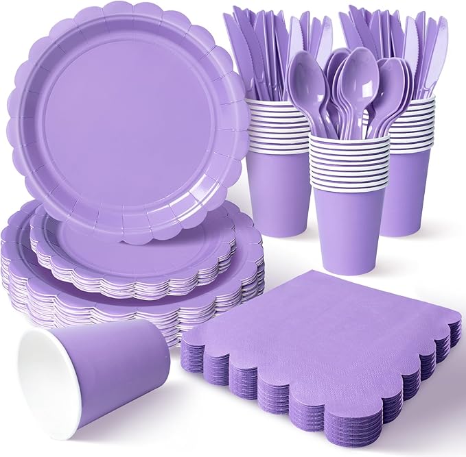Vyntra 350 PCS Disposable Plates for Party, Paper Plates & Napkins Set with Cups, Knives, Forks, Spoons, 7'' Dessert and 9'' Dinner Plates for Birthday, Bridal & Baby Shower - Lavender/Light Purple