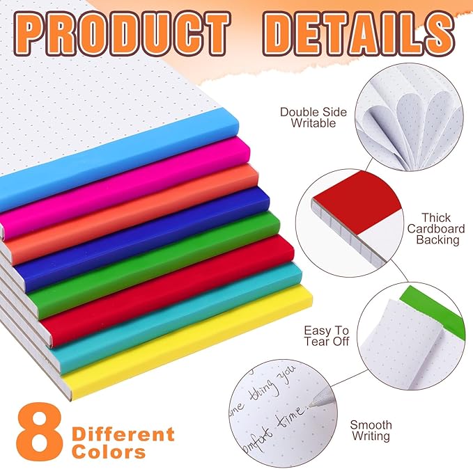Tenceur 8 Pack Grid Paper Pad 4 x 6 Inch Graph Paper Pad, Graft Paper 30 Sheets Graph Ruled Grid Pad Notebook Notepads Memo Pads Math Grid Note Pad Scratch Pads Assorted Colors(Dot Grid)