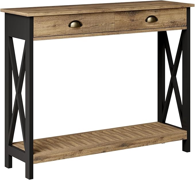 ChooChoo 47" Farmhouse Console Table with Drawer for Entryway, Narrow Long Entry Table with Shelf for Living Room, Rustic Vintage Hallway Sofa Table with Stable X Supports, Rustic Oak & Black