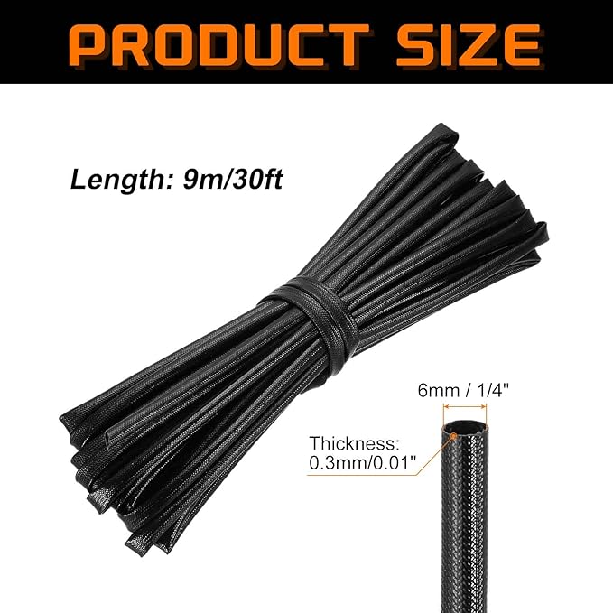 MECCANIXITY 30ft Braided Cable Sleeve, 1/4" ID 200C High Temperature 1500V Fiberglass Wire Insulation Cord Protector Organizer Wires Management for Motor Engine Fuel Line, Black