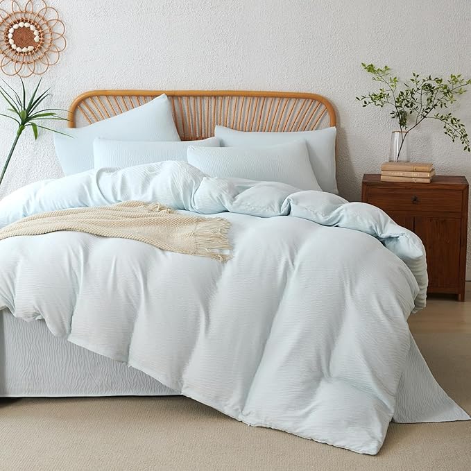 Duvet Cover King Size Glacier Blue, 3 Pieces Double-Layer Crinkle Gauze Soft Bedding for All-Season Lightweight Breathable Comfy with 2 Pillowcases