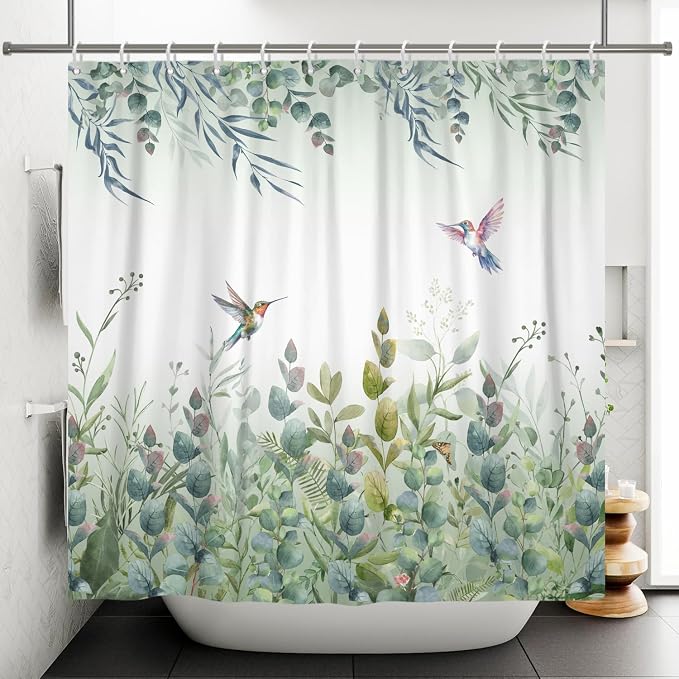 Green Leaf Shower Curtain Colourful Bird Eucalyptus Bathroom Curtain Plant Leaves Botanical Hummingbird Spring Summer Shower Curtain Sets for Bathroom Extra Long 72x78 in with 12 Hooks