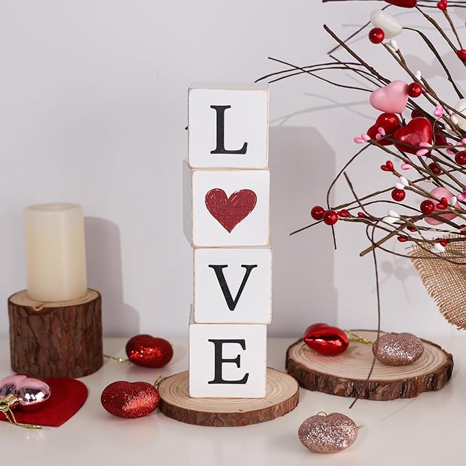 4pcs Reversible Valentines Day St. Patrick's Day Decorations Rustic Love Luck Wooden Blocks Tiered Tray Decor Love Sign Tabletop Centerpieces for Anniversary Home Mantle Shelf Party Supplies