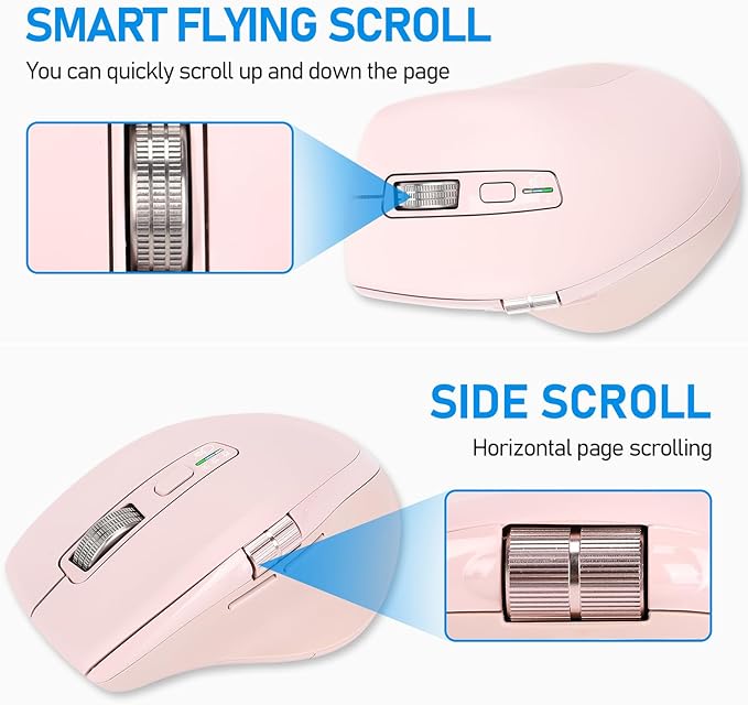 INFINMIND Wireless Bluetooth Side Scroll Mouse with Multi-Device, Ergonomic Computer Mice with Smart Flying Scroll, Quiet Click for Computer, Laptop, iPad, Tablet, MacBook (Pink)