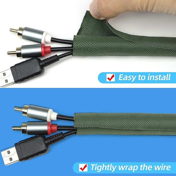 Automotive Wire Loom Tubing, Split Braided Cord Protectors from Pets No Chew, Flexible Cable Sleeve Cable Management for TV/Computer/Electric Wires (Deep Green, 1/2"-25ft)