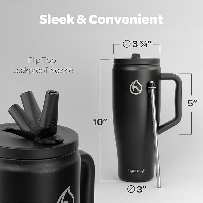 Hydracy 40 oz Tumbler with Handle and Straw, Stainless Steel Insulated Travel Cup with No Spill Rotatable Flip Lid for Left or Right Hand Use, Rubber Base, Fits in Cup Holder - Sexy Black
