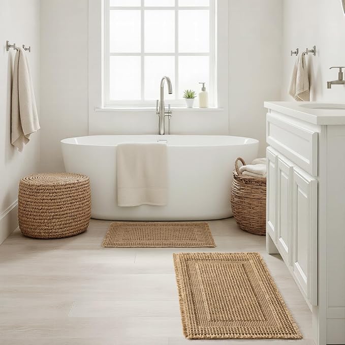 MIULEE Set of 2 Waffle Bathroom Rugs, Boho Bath Rug Super Absorbent, Non Slip Washable Ultra Soft Rubber Backed Shower Bath Mats for Floor, Tub, Shower, Looped Design, Brown, 17x24 Inch