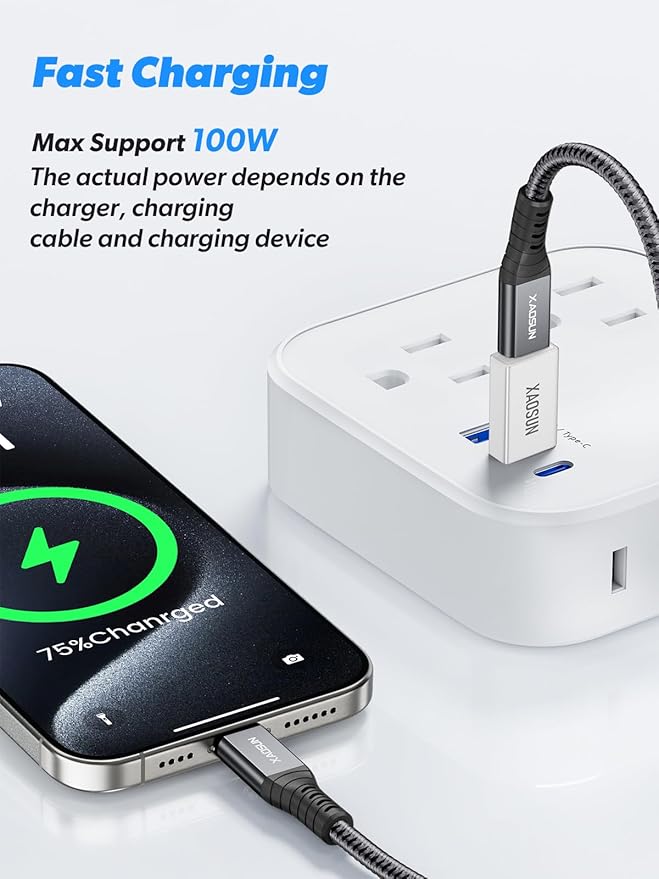XAOSUN 10Gbps USB to USB C Adapter 3 Pack, 3.1 USBC Female to USB Male Adapter, One-Sided SuperSpeed Data Sync, 100W Fast Charging for iPhone 16 15 14 13, Laptop, Charger, Quest Link, etc, Sliver