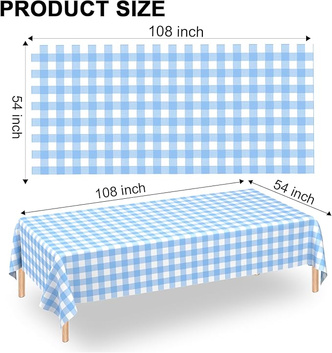 2 Pack Light Blue Gingham Tablecloth Rectangular Pale Blue and White Checkered Tablecloths Disposable Plastic Plaid Table Cover for Parties, Outdoor Picnic, Birthday, Wedding, Camping 54 × 108 Inch