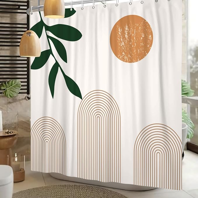 Boho Mid Century Shower Curtain Abstact Arch Sun Leaves Modern Minimalist Geometric Plant Aesthetic Shower Curtains Polyester Fabric Bathroom Decoration Curtain with Hooks 72x84 inch