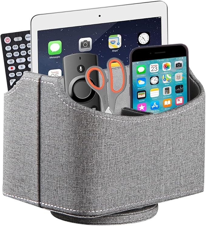 Arniche PU Leather Remote Control Holder,360 Degree Spinning Desk TV Remote Caddy,Desk Organizers and Accessories,for Controller,Media,Mail,Calculator,Mobile Phone,Pen Storage Holder (Gray Cloth)