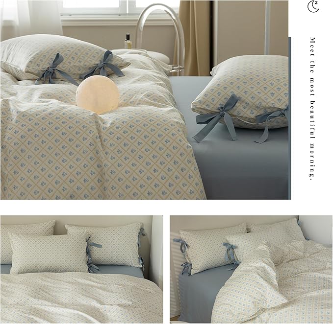 Blue Flower Duvet Cover Queen Chic Plaid Grid Print 100% Cotton Floral Bedding Set Cottagecore Flower Comforter Cover Vintage Country Bedding Aesthetic Floral Duvet Cover with 2 Bow Ties Pillowcases