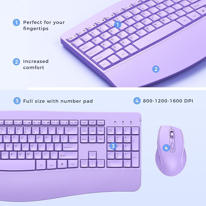 Ergonomic Keyboard and Mouse Combo - Full Size Keyboard Cordless with Palm Wrist Rest Ergonomic Mouse Wireless for Windows Computers Laptops - Light Purple (Upgrade)