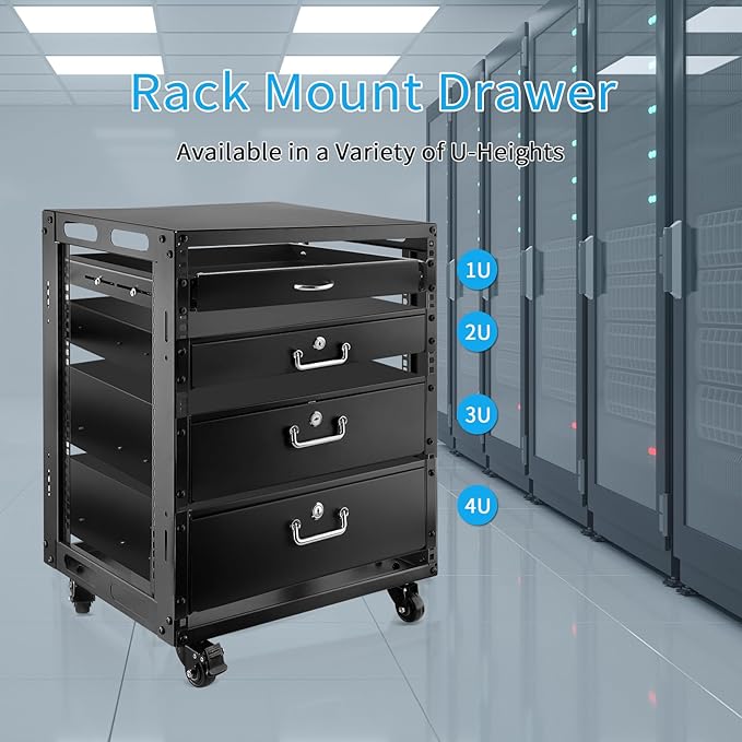 Rack Drawer, Rack Mount Drawer Designed for 19-inch Network Equipment, Servers, AV Racks, or Cabinet Enclosures. Sliding and Lockable Server Rack Drawer Features Cable Management Holes (1U)