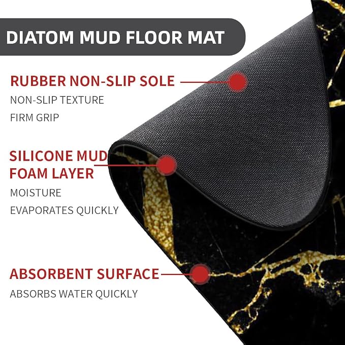 Diatomaceous Earth Bath Mat,Black Gold Marble Non-Slip Volume Super Absorbent Fast Drying for Bathroom Kitchen Door mat,Eco-Friendly Easy to Clean 20×31Inch(50 * 80cm)