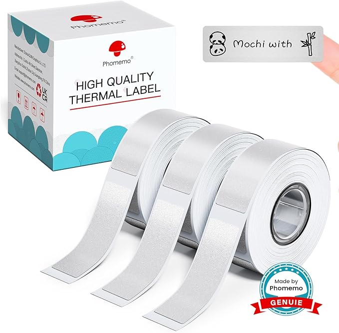 Phomermo D30 Label Maker Tape, Black on Cream White with Glitter Transparent Label Sticker Thermal Paper Self-Adhesive, 14 x 40mm (1/2" x11/2) 160 Tapes/Roll, 3 Rolls for D30 D35 Q30 Q30S Q31 D30Pro