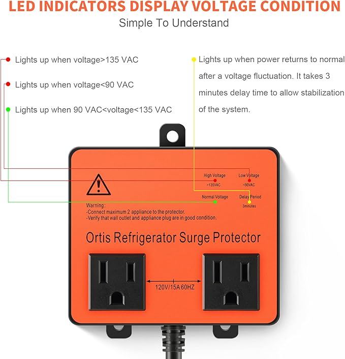 Refrigerator Surge Protector, Ortis Double Outlet Voltage Protector for Home Appliances with Time Delay, 5ft Power Cord, Protects Against Brownout, Spike, Instant Surge All Voltage Abnormalities