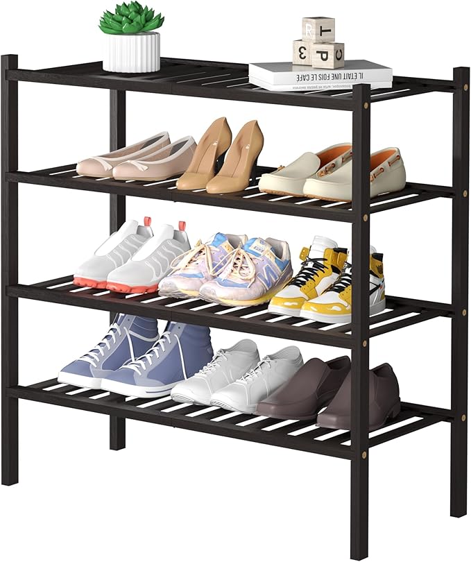4 Tier Bamboo Shoe Rack for Closet Free Standing Wood Shoe Shelf for Entryway Small Space Stackable 27"x11"x26" (Brown)