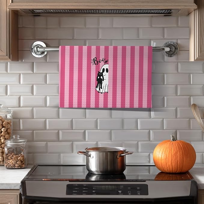 Black Cat Halloween Kitchen Towels, Cat Lover Mom Lady Gifts Dish Tea Towels for Kitchen Decor, Pink Striped Halloween Ghost Decorative Hand Towel for Bathroom, 16x24 Inches