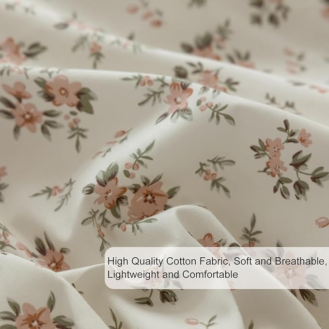 EAVD Vintage Style Garden Pink Floral Duvet Cover Full White Soft Cotton Chic Shabby Pink Floral Bedding Set with 2 Pillowcases Reversible Fresh Botanical Duvet Cover with Zipper Closure