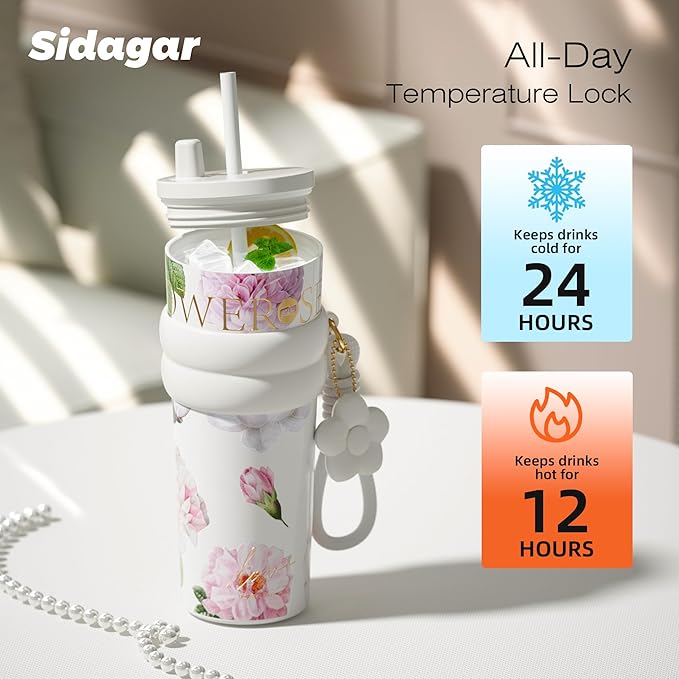 24 oz Stainless Steel Tumbler with Lid and Straw, Insulated Coffee Mug, Leak Proof, Portable Iced Travel Water Bottle, Reusable Thermal Coffee Cup, Floral White