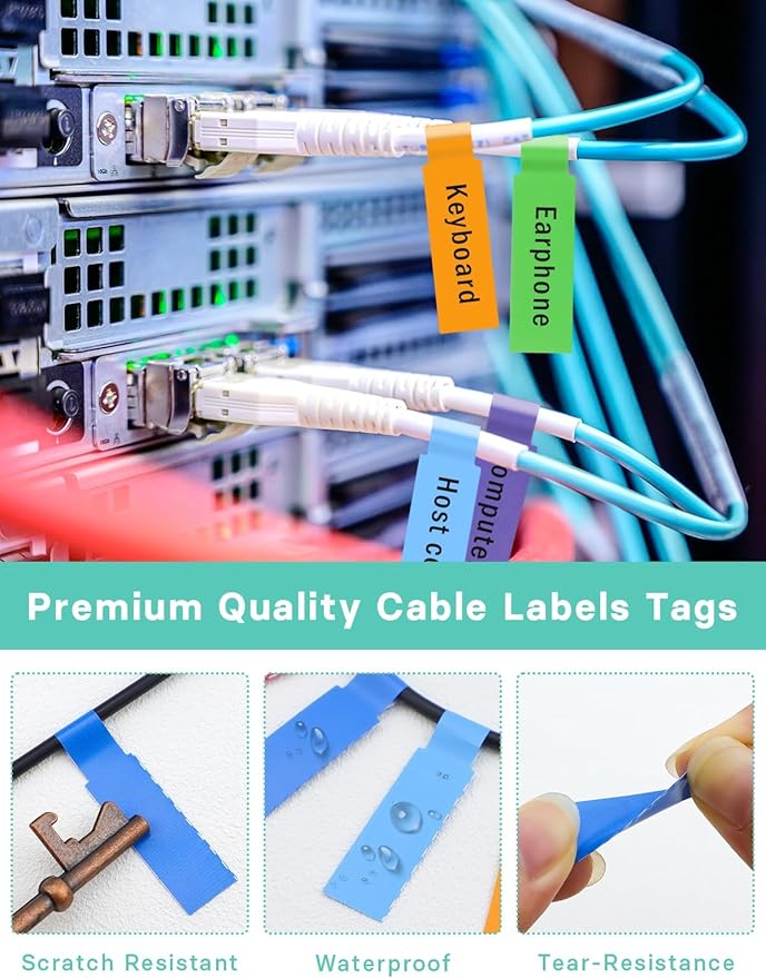 750 PCS Cable Labels, 12 Colors Waterproof Cable Tags Wire Labels for Cable Management, Self Adhesive Wire Label Printable for Laser Printer and Handwriting