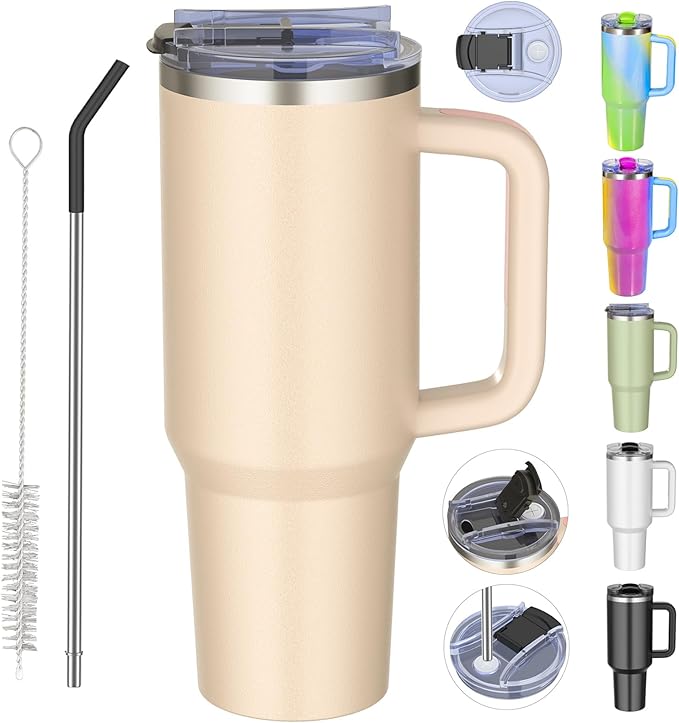 40 oz tumbler with handle and straw,Double Wall Vacuum Reusable Stainless Steel Insulated Water Bottle,With Leak Proof lid and Straw for Iced or Cold Beverages (Rose Quartz)