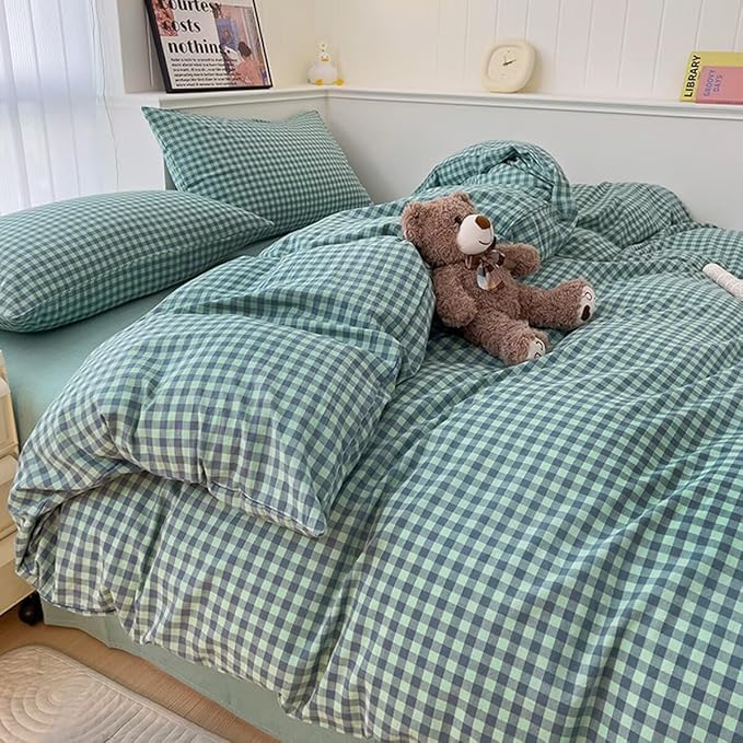 LifeTB Green Gingham Comforter Set King 3 Pieces Plaid Checkered Pattern Comforter Green Blue Grid Bed Comforter Set with 2 Pillowcases Fluffy Soft Checkered Comforter Grid Farmhouse Bedding Set