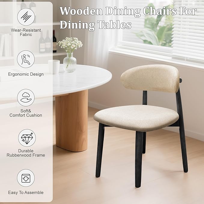 Farmhouse Dining Chairs Set of 4, Mid Century Modern Fabric Upholstered Kitchen Chairs, Wooden Dining Room Chair with Curved Back&Black Legs for Kitchen Dining Room Restaurant Cafe, Beige, Only Chairs
