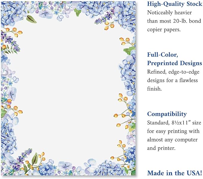 Current Hydrangeas Floral Letter Paper - Spring Stationery Papers With Decorative Hydrangeas Border, Printable Holiday, Wedding & Bridal Shower, & Invitation Sheets, Set of 25, 8 1/2" x 11"