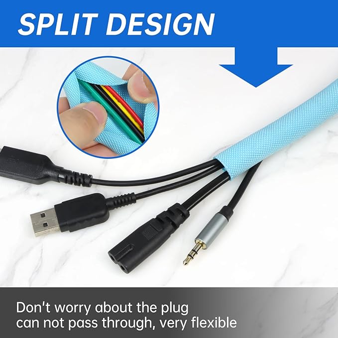 YOUBO Split Braided Cable Sleeve，Flexible Wire Loom Tubing, Automotive Cord Protector Pet Proof, Cable Management for Computer TV Electric Wires Harness 16ft (Sky Blue, 8mm（5/16")