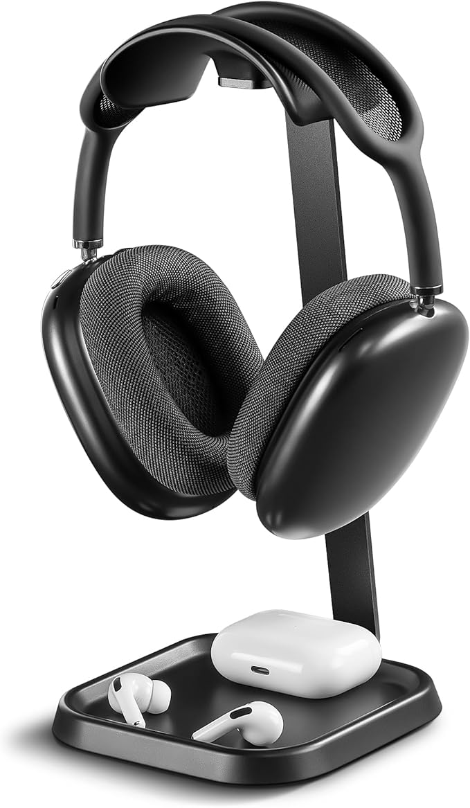 QinCoon Headphone Stand, Curved Headset Stand with Storage Tray, Gaming Headset Holder for AirPods Max, AirPods Max 2, AirPods, AirPods Pro, Beats, Bose, Sony and More (Black)