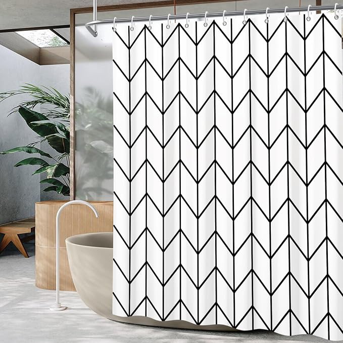 Boho Herringbone Shower Curtains Black White Zig Zag Geometric Bathroom Curtain Minimalist Abstract Polyester Shower Curtain Sets for Bathroom Extra Long 72x84 in with 12 Hooks