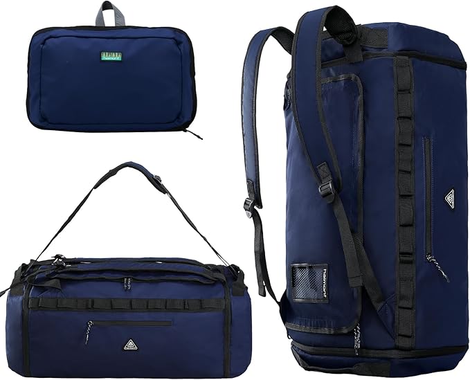 Haimont Duffel Backpack Bag 50L Water Repellent Sports Gym Bag Foldable Men Women with Shoe Compartment for Travel Hiking Camping Outdoor, Navy Blue