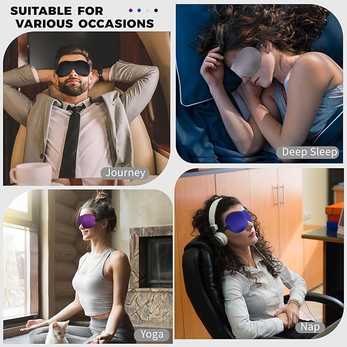 4 Pack Sleep Mask for Women and Men Adjustable Blackout 3D Eye Masks for Sleep, Blindfold with Storage Bag and Earplug for Travel Nap and Night (Black, Purple, Blue, Gray)