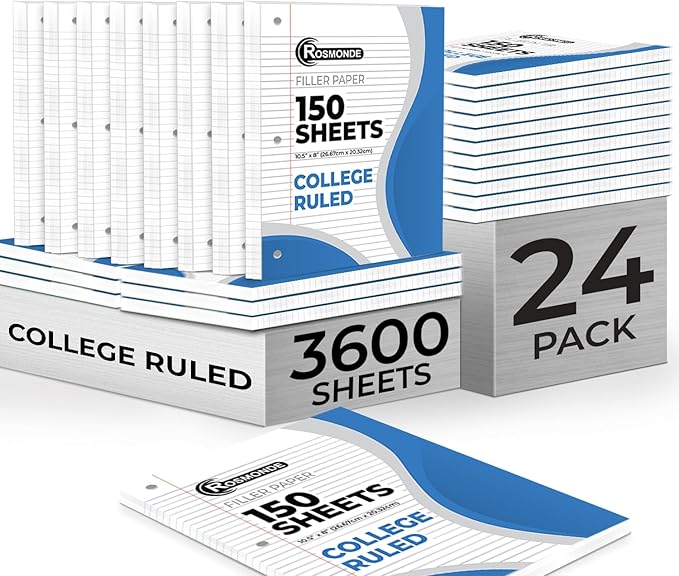 Rosmonde Bulk Loose Leaf Paper, 3600 Sheets, College Ruled, Bulk Filler Paper for Office, 8 x 10.5", 3 Hole Punched, 56 Gsm Thick Sheets, 24 Pack, 150 Sheets/Pack, Bulk Notebook Sheet for School