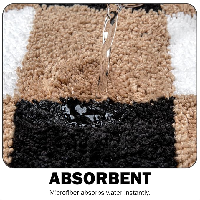 U Shape Checkered Bath Mat - Super Absorbent, Soft and Thick, Rubber Backing Non-Slip, Machine Washable Shower Rug, Bath Mat, Bathroom Home Decor Accessories, 20"x22" (50x55cm), Brown