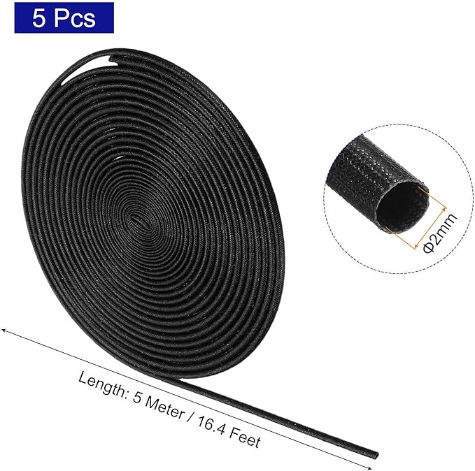 MECCANIXITY 5Pcs Wire Insulation Braid Fire Sleeve,16.4Ft-2mm ID Black, High Temp Silicone Coated Fiberglass Sleeving for Automotive Hose Lines Electrical Wiring