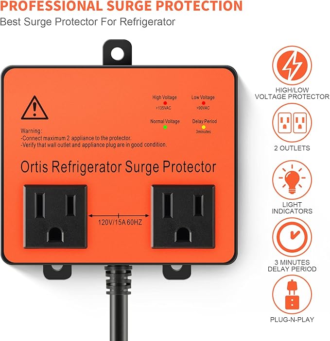 Refrigerator Surge Protector, Ortis Double Outlet Voltage Protector for Home Appliances with Time Delay, Protects Against Brownout, Spike, Instant Surge All Voltage Abnormalities, black