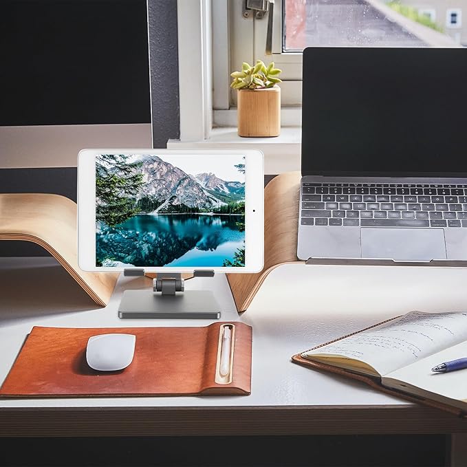 MERRYHAPY Adjustable Foldable Tablet Stand for Desk Metal Tablet Holder Organizer Compatible with Ipad and Multi-Angle Desktop Bracket in Space Gray for Office and Home Use