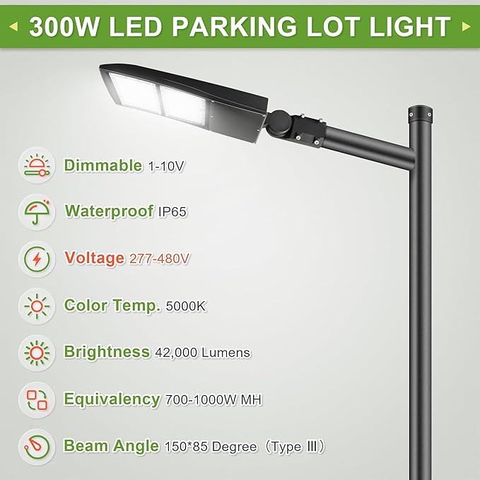 480V 300W LED Shoebox Street Light, 42000LM LED Area Pole Fixture for Parking Lot, IP65 Outdoor Commercial Area Road Light 5000K DLC UL Certified