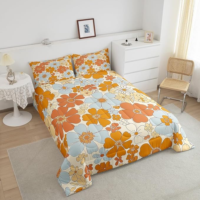 Castle Fairy Retro 70s 60s Floral Hippie Comforter Set Twin Size,Summer Groovy Flowers Quilt Set for Kids Boys Bedroom Collection,Boho Plant Polyester Bedding with 1 Pillowcase,2Pcs