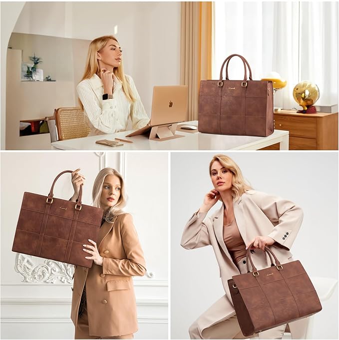 LOVEVOOK Laptop Bag for Women, 15.6 Inch Laptop Tote Bag, Vintage Leather Work Bags for Women, Waterproof Computer bag with Clutch Purse, Large Capacity Briefcase, Business Office Bag