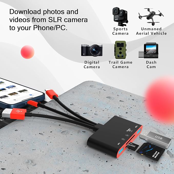 5-in-1 Memory Card Reader, USB OTG Adapter & SD Card Reader for i-Phone/i-Pad, USB C and USB A Devices with Micro SD & SD Card Slots, Supports SD/Micro SD/SDHC/SDXC/MMC(BlackRed)