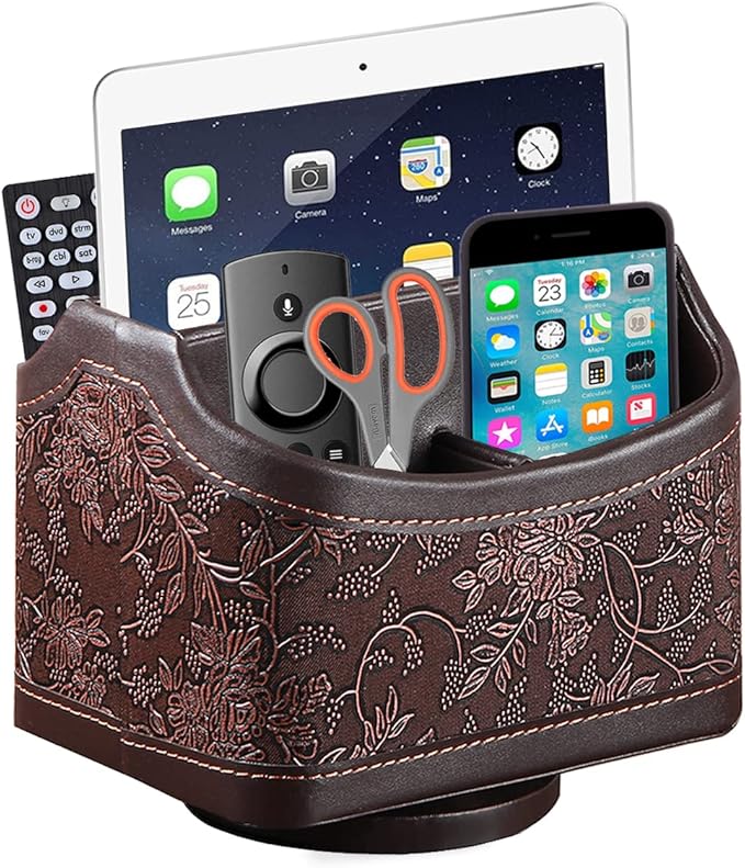 Arniche PU Leather Remote Control Organizer with 360° Spinning Design,Desk Organizer for TV Remote,Phone,Pen,Glasse,Mail,Tablet,Calculator,Controller-Home & Office Storage Caddy (Antique Brown) ﻿