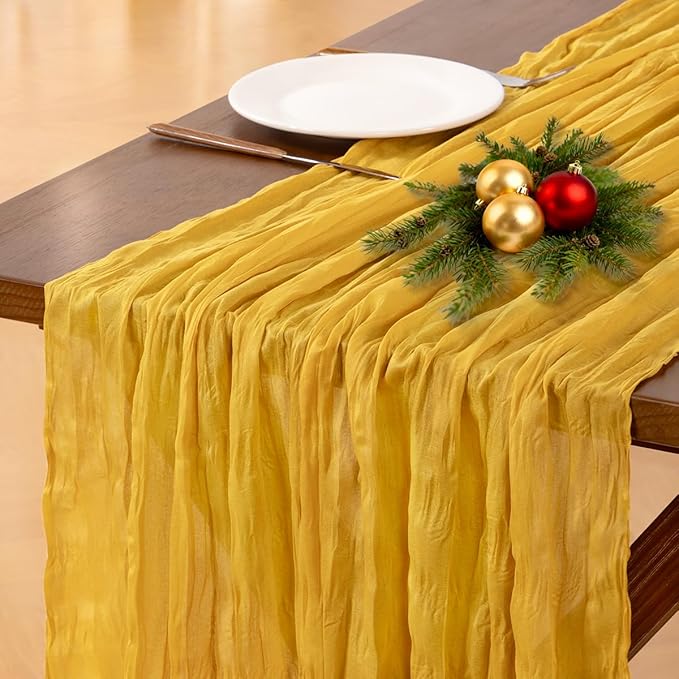 Socomi Gold Yellow Cheesecloth Table Runner Fall Thanksgiving Boho Rustic Gauze 120 inch 10FT Cheese Cloth Runner for Wedding Party Baby Shower Birthday Home Decor Holiday Decorations