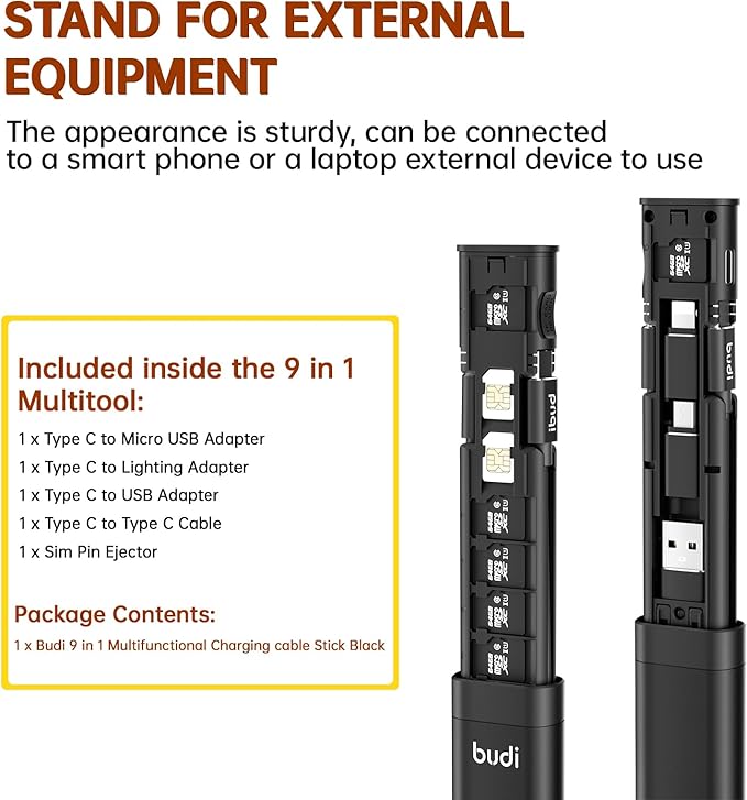 BUDI Multifunctional 9 in 1 Data Cable with USB Type-C Card Reader Micro SD Memory Card high-Speed Card Reader Adapter Suitable for Mobile Phone Cameras and Computers