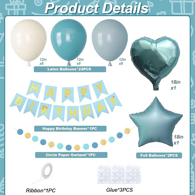 Blue Birthday Party Decorations for Boys Men Dusty Blue Sand White Balloon Set with Star Heart Foil Balloons Happy Birthday Bunting Banner Garland Navy Light Cream Beige Party Decor Kit Baby Girls