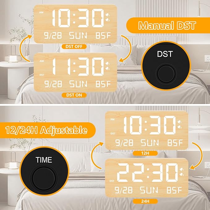 Fomobest Wooden Digital Alarm Clock for Bedroom -Desk Clock with Date, Day of Week, Temperature, Dual Alarms, Dimmer, USB Port Charge, DST, Adjustable Volume for Living Room/Office Wood Decor (Bamboo)