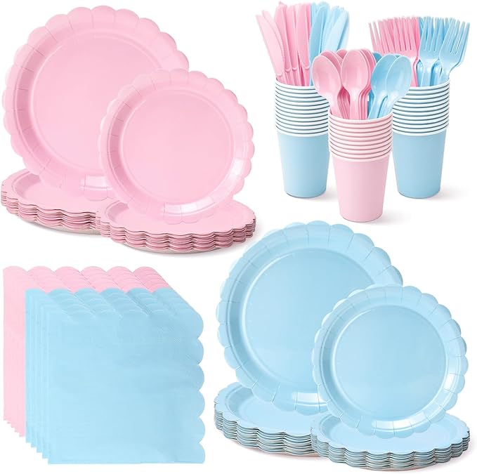 Vyntra 350 PCS Disposable Plates for Party, Paper Plates & Napkins Set with Cups, Knives, Forks, Spoons, 7'' Dessert and 9'' Dinner Plates for Gender Reveal, Baby Shower - Pink and Blue